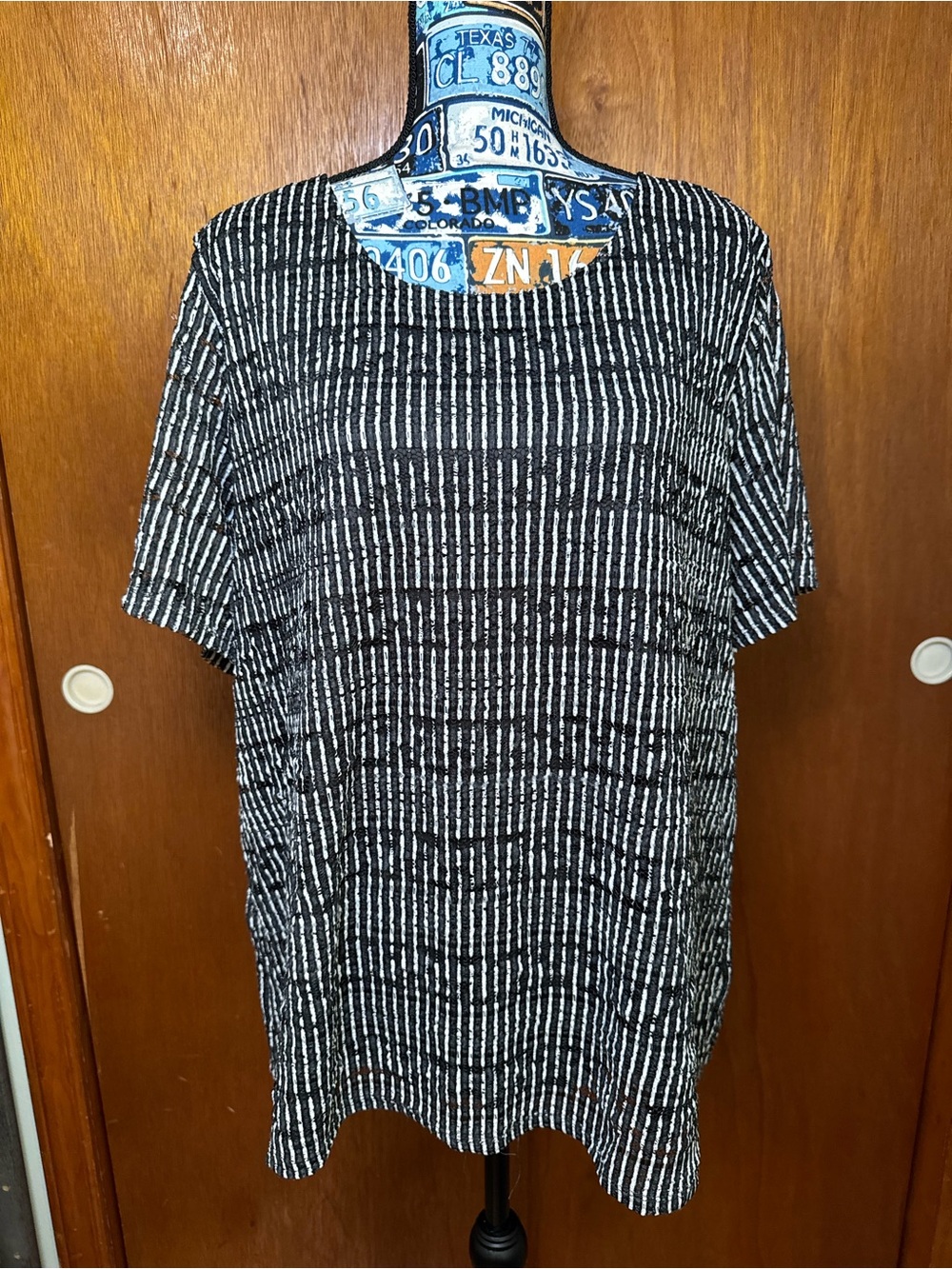 CJ Banks Black and White Striped Short Sleeve Top